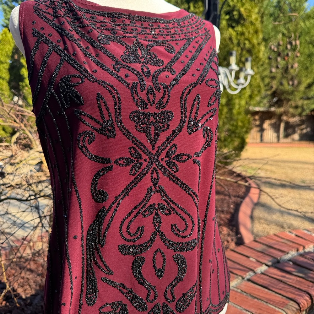 Elegant Burgundy Top with Black Beaded Design